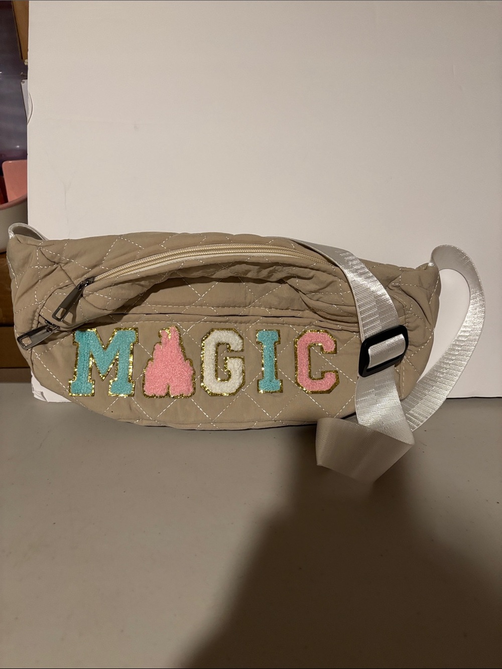 Beige Quilted 'MAGIC' Belt Bag. Crossbody bag. New just added iron ons